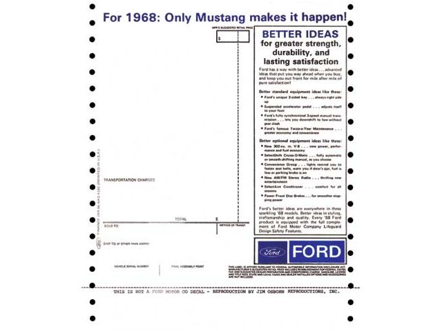1968 Mustang New Car Window Price Sticker