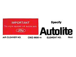 1969-1970 Mustang Autolite Replacement Parts Air Cleaner Decal, Non-Ram Air 428/Boss 302 V8