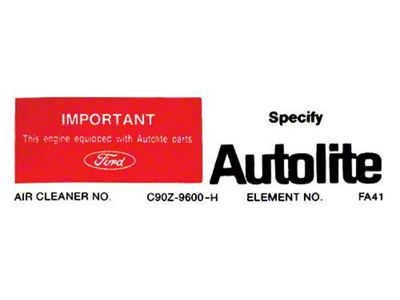 1969-1970 Mustang Autolite Replacement Parts Air Cleaner Decal, Non-Ram Air 428/Boss 302 V8