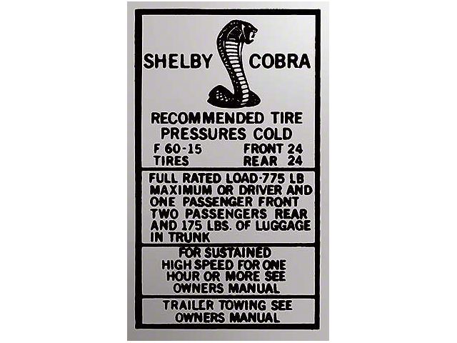 1969-1970 Mustang Shelby Glove Box Tire Pressure Decal