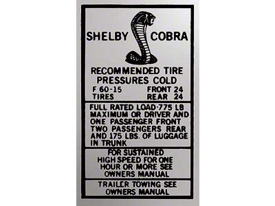 1969-1970 Mustang Shelby Glove Box Tire Pressure Decal