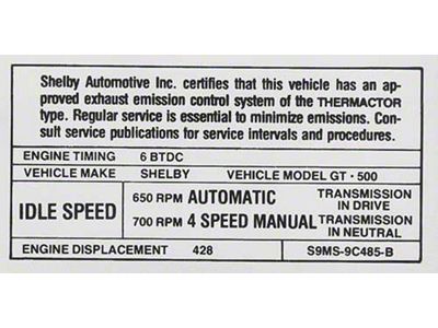 1969-1970 Mustang Shelby GT500 Emissions Decal, Automatic or 4-Speed Manual Transmission