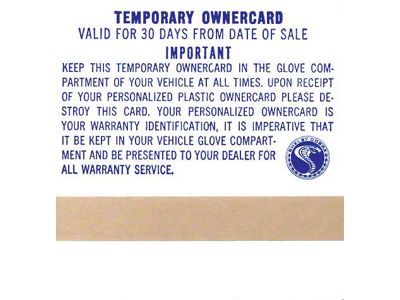 1969-1970 Mustang Shelby Temporary Owner's Card