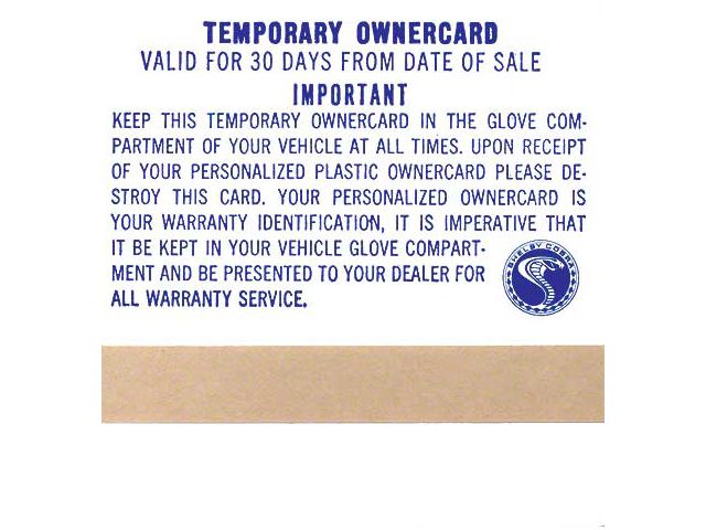 1969-1970 Mustang Shelby Temporary Owner's Card