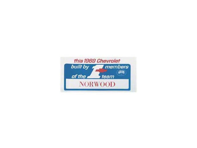 1969 Camaro 1 Team Norwood Dash Card
