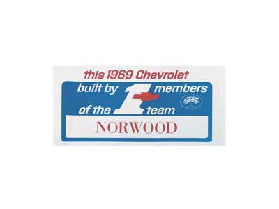 1969 Camaro 1 Team Norwood Dash Card