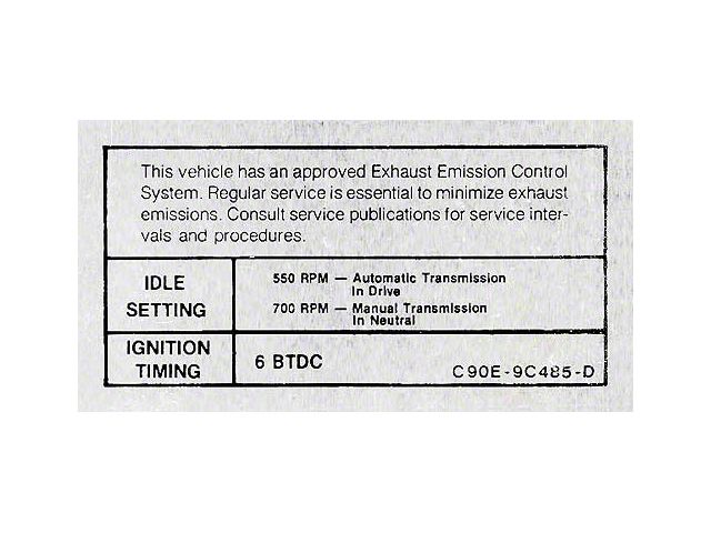1969 Mustang Emissions Decal, GT350 with Automatic or Manual Transmission