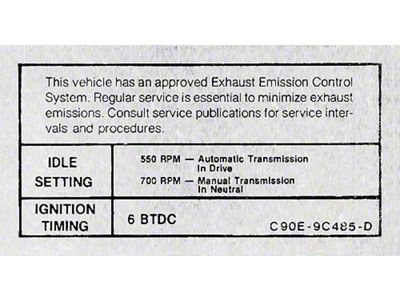 1969 Mustang Emissions Decal, GT350 with Automatic or Manual Transmission
