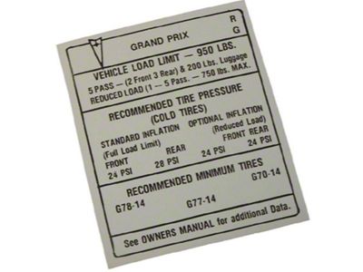 1969 Pontiac Grand Prix Door Jamb Tire Pressure Decal