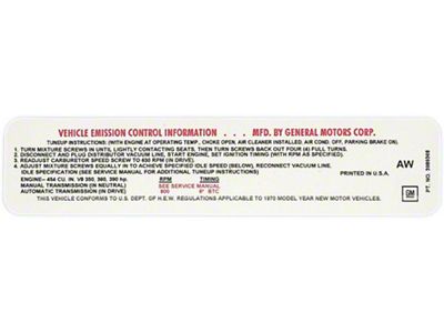 1970 Corvette Emission Control Decal For Cars With Automatic Transmission 390hp