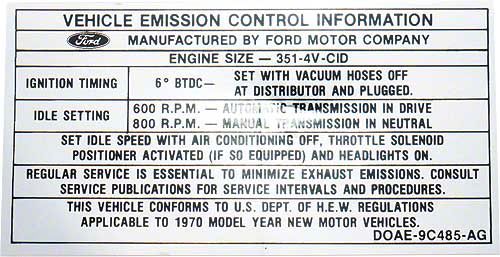 Scott Drake Ecklers Emission Decal, 351-4V, A/T & M/T DF0742 (1970 ...