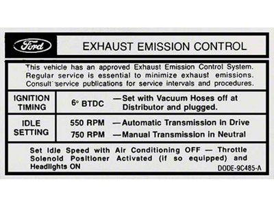 1970 Mustang Emissions Decal, 200/250 6-Cylinder with Automatic or Manual Transmission