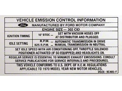 1970 Mustang Emissions Decal, 302 V8 with Manual Transmission