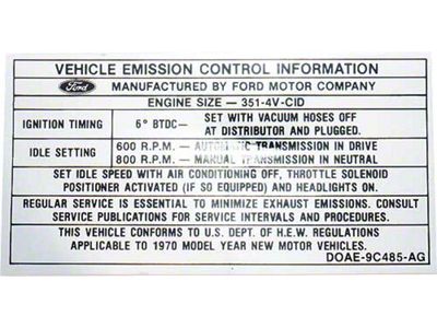 1970 Mustang Emissions Decal, 351 4-Barrel V8 with Automatic or Manual Transmission
