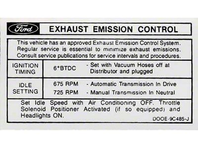 1970 Mustang Emissions Decal, 428CJ V8 with Automatic or Manual Transmission After 1/1/70