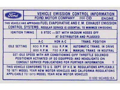 1971 Mustang Emissions Decal, 200 6-Cylinder with 1-Barrel Carburetor and Automatic or Manual Transmission