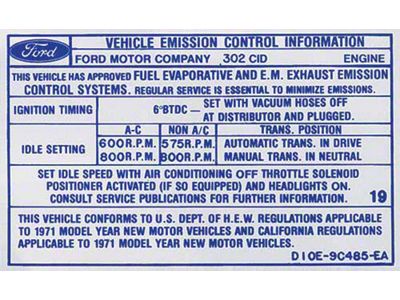1971 Mustang Emissions Decal, 302 2-Barrel V8 with Automatic or Manual Transmission