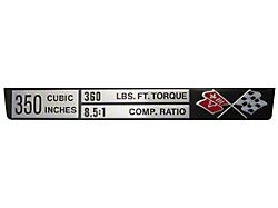 1972 Corvette Console Specifications Plate 350ci/8.5:1 Ratio 