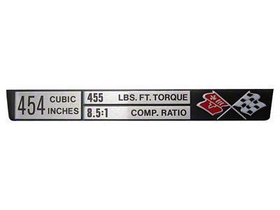 Console Specifications Plate, 454ci/8.5:1 Ratio, 1972