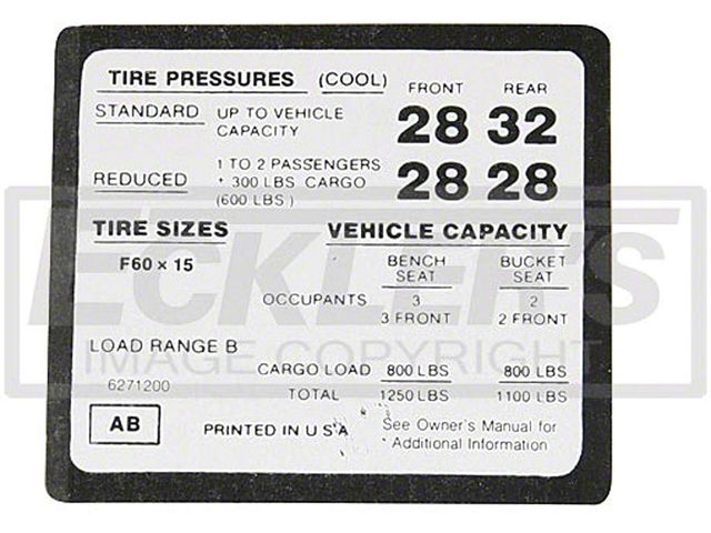 1972 El Camino Tire Pressure Decal, Super Sport
