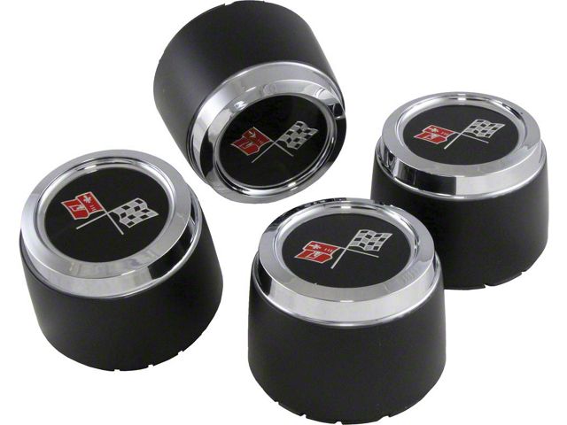 Aluminum 8-Slot Wheel Center Caps with Emblems; Black with Chrome Ring (73-82 Corvette C3)