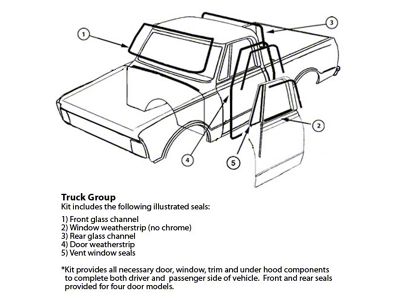 1973-80 Chevy-GMC Truck Complete Weatherstrip Kit Standard-Without Chrome Window Moldings