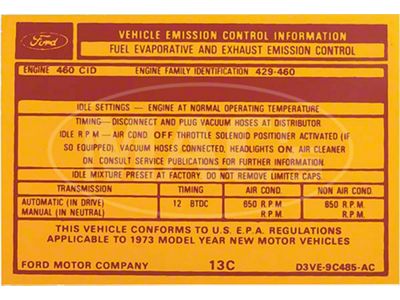 1973 Ford Thunderbird Emissions Decal, 429 V8
