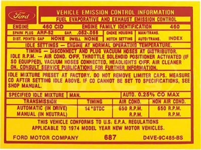 1974 Ford Thunderbird Emissions Decal, 460 V8