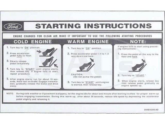 1974 Ford Thunderbird Seat Belt and Starting Instructions
