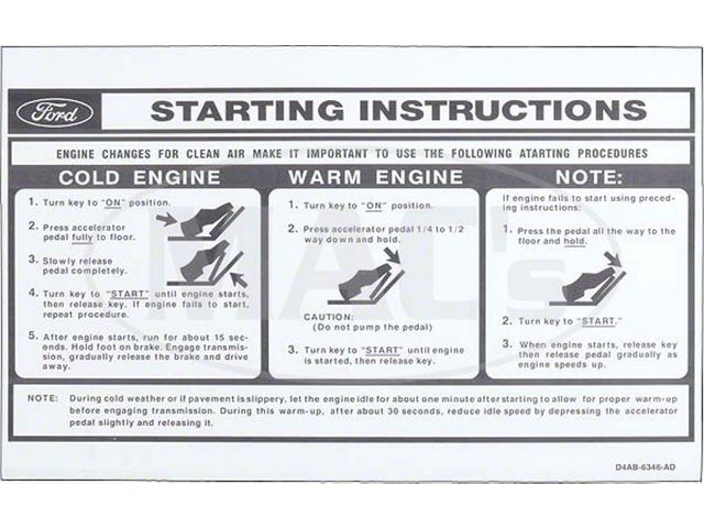 1974 Ford Thunderbird Seat Belt and Starting Instructions