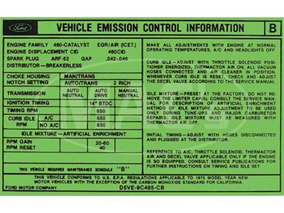 1975 Ford Thunderbird Emissions Decal, 460 V8