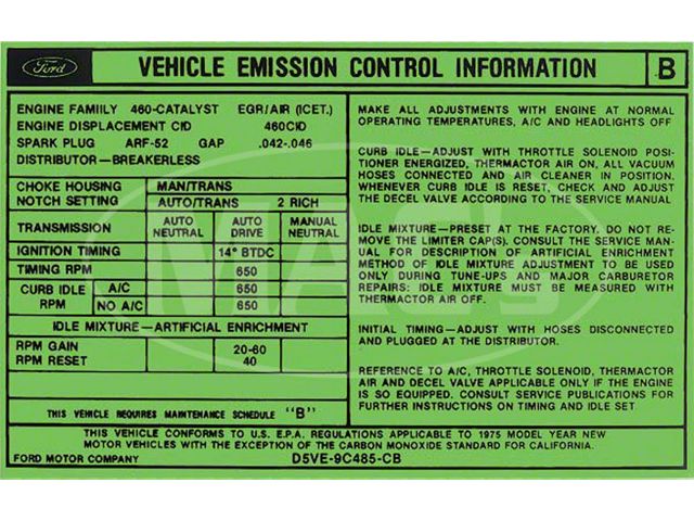1975 Ford Thunderbird Emissions Decal, 460 V8
