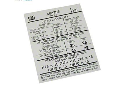 1975 Pontiac Full Size Door Jamb Tire Pressure Decal