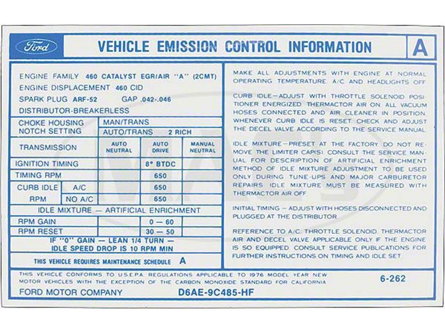 1976 Ford Thunderbird Emissions Decal, 460 V8