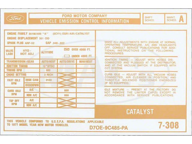 1977 Ford Thunderbird Emissions Decal, 351W with Automatic Transmission