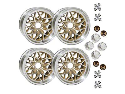 Version 2 Snowflake Gold 4-Wheel Kit with Lug Nuts and Gold Bird Insert Center Caps; 15x8 (67-81 Firebird)