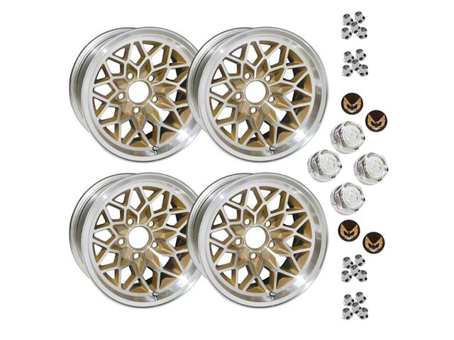 Version 2 Snowflake Gold 4-Wheel Kit with Lug Nuts and Gold Bird Insert Center Caps; 15x8 (67-81 Camaro)