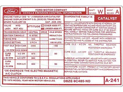 1978 Ford Thunderbird Emissions Decal, 302 V8