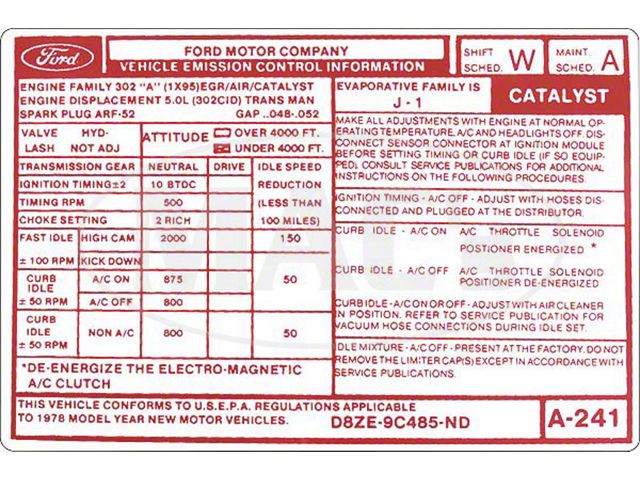 1978 Ford Thunderbird Emissions Decal, 302 V8