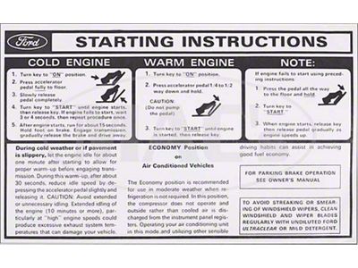 1978 Thunderbird Sun Visor Sleeve, Starting and Seat Belt Instructions