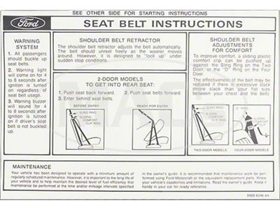 1979 Ford Thunderbird Seat Belt and Starting Instructions