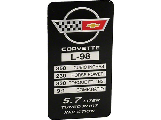 1985 Corvette Console Performance Specifications Plate L98 (Sports Coupe)