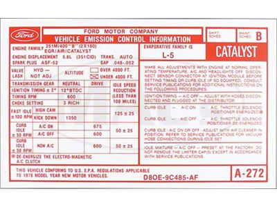 351 w/Automatic Trans. Emissions Decal, Thunderbird, 1978-1979