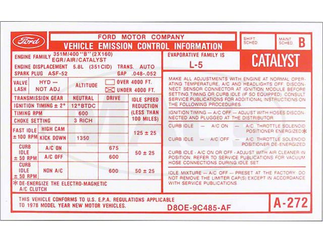 351 w/Automatic Trans. Emissions Decal, Thunderbird, 1978-1979