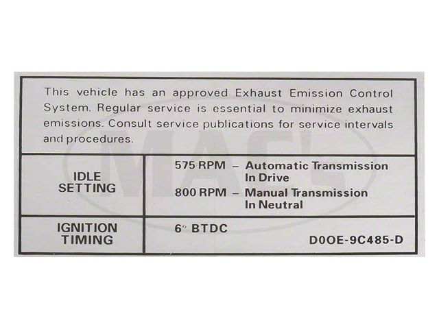 70 302-2V AT/MT Emission Decal Before 10/1