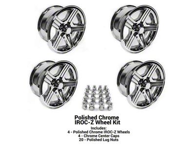 88-90 Camaro IROC-Z Wheel CHROME Finish, Set of 4, W CHROME PLASTIC FINISH CENTER CAPS & CHROME LUG NUTS