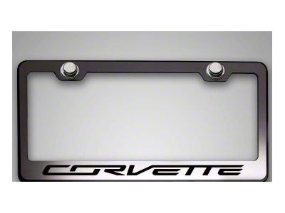 American Car Craft License Plate Frame with Corvette Lettering; Black Carbon Fiber (Universal; Some Adaptation May Be Required)