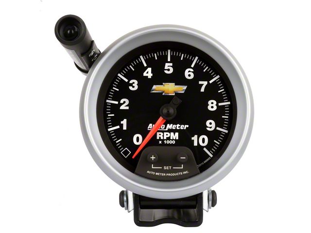 Autometer Tachometer Gauge 3 3/4, 10K Rpm, Pedestal W/ Ext. Quick-Lite, Chevy Gold Bowtie