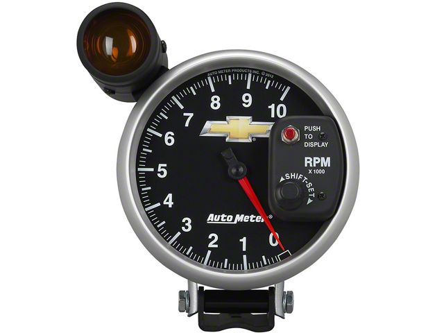 Autometer Tachometer Gauge, 5, 10K Rpm, Pedestal W/ Ext. Shift-Lite, Chevy Gold Bowtie