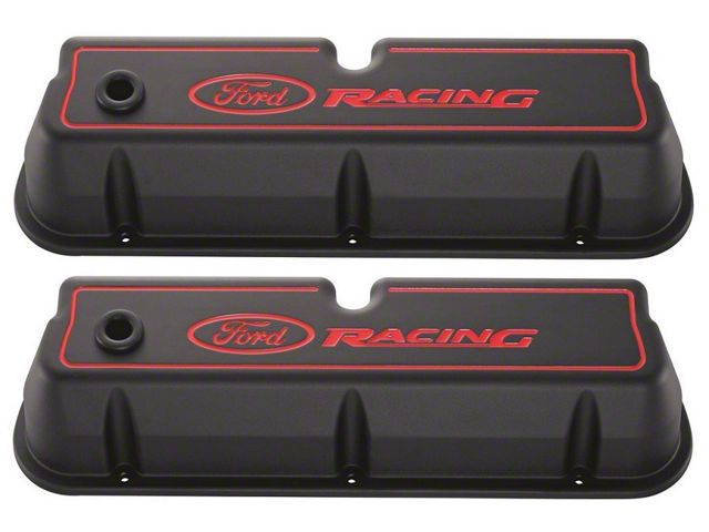 Black Crinkle Finish Die-Cast Aluminum Valve Covers with Red Ford Racing Emblems, 289/302/351W V8